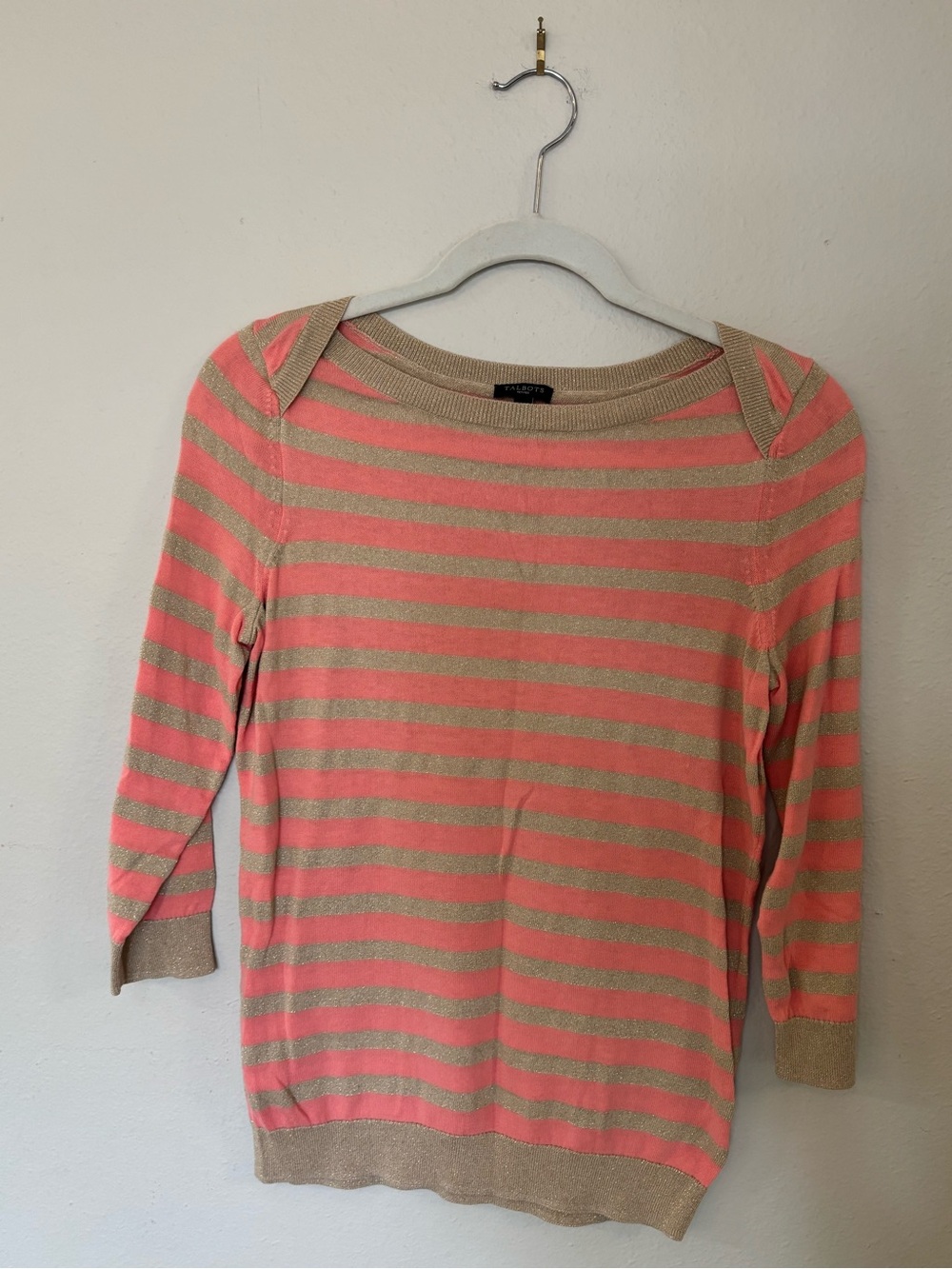 Talbots Coral and Tan Striped Off-the-Shoulder Sweater